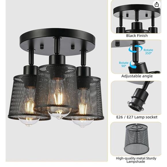 Flush Mount Ceiling Light, 3-Light Iron Metal Mesh Ceiling Light, Black - Picture 3 of 4